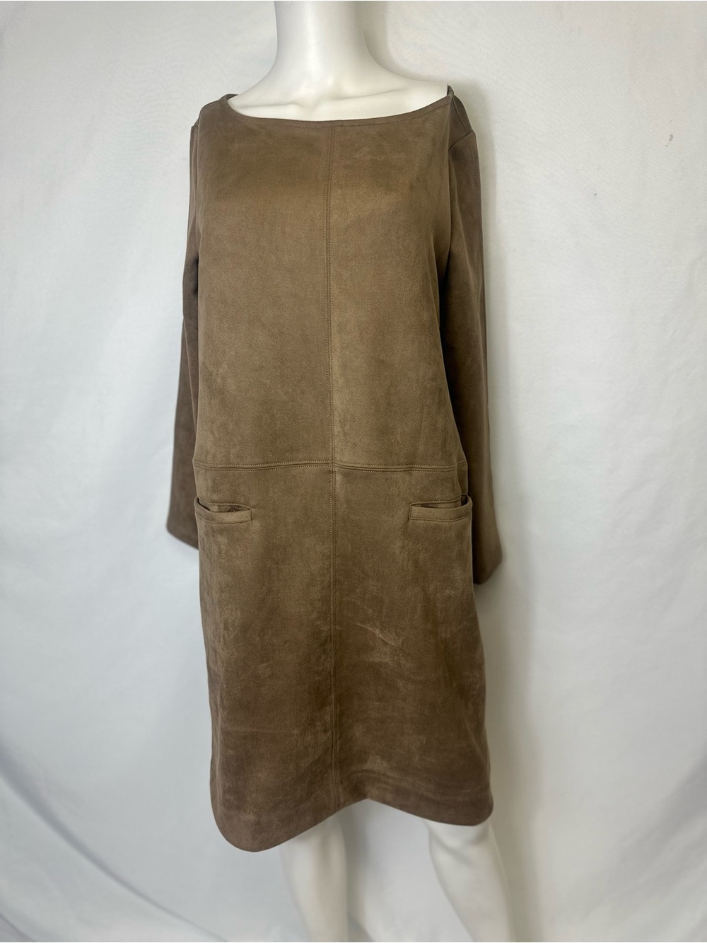 Ann Taylor Suede Brown Shift Dress Long Sleeve Zip Pockets 10T